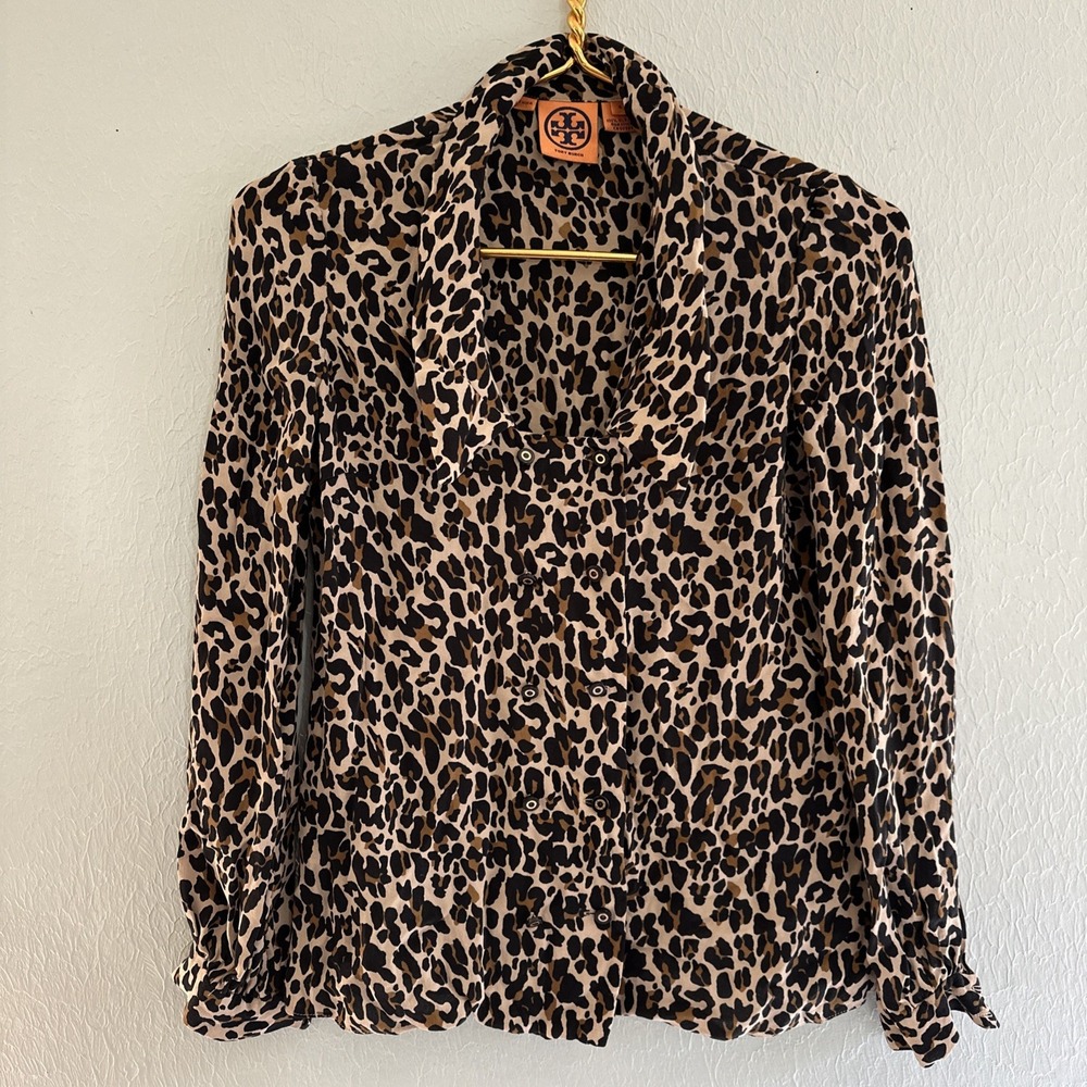 Tory Burch Animal Skin Pure Silk Button Up Long Sleeve Blouse Double Breast Sz 2